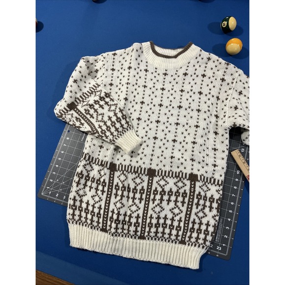 VTG MJ CARROLL Women's Sweater Size M White / Brown Fair Isle Knit Tunic 90s - Picture 1 of 8